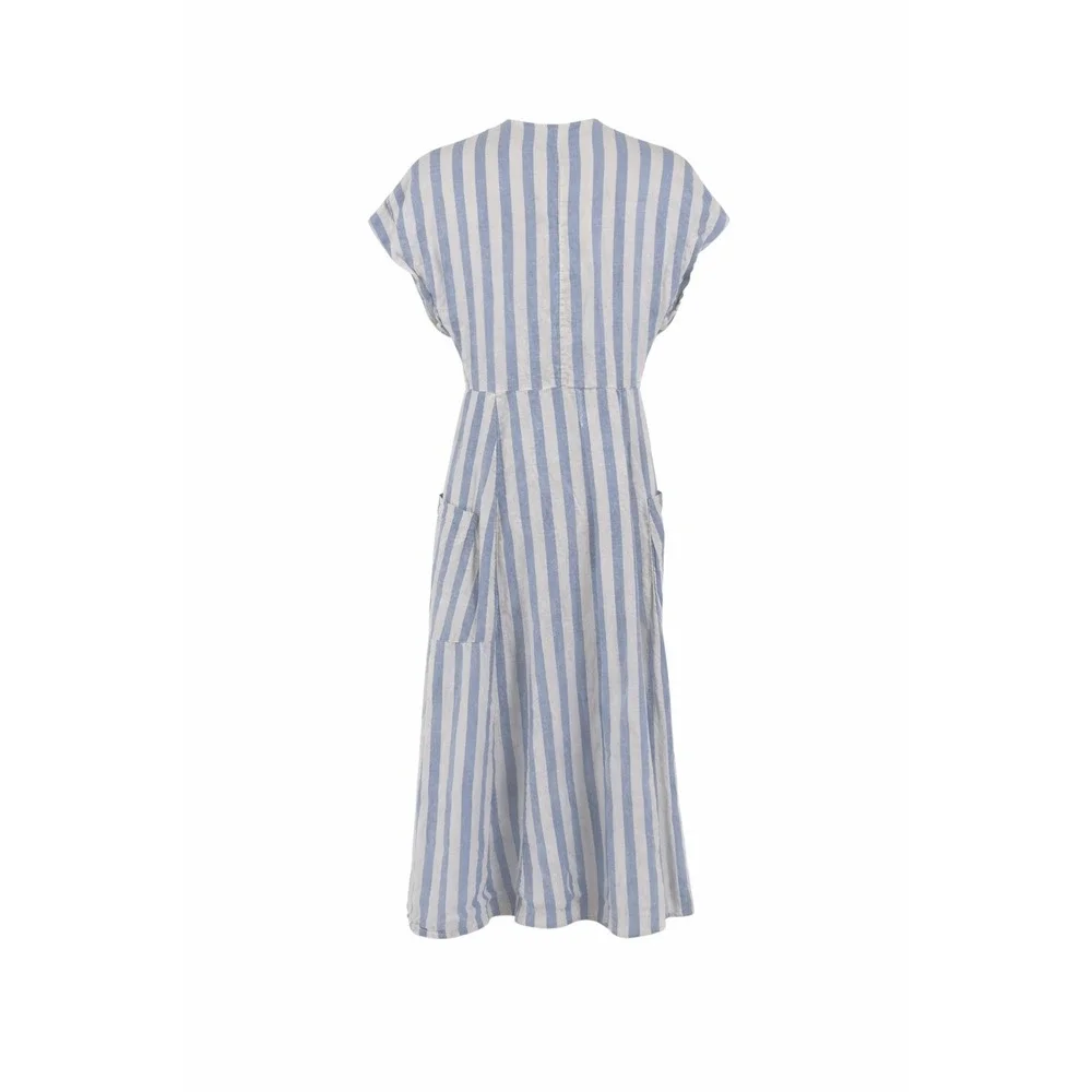 Mango Linen Dress Womens XXS Blue White Striped Button Down Midi Casual - Picture 2 of 9